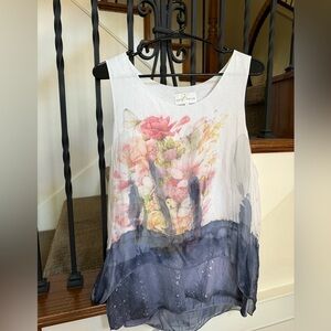 Belle France White and Blue Sleeveless Floral Top‎